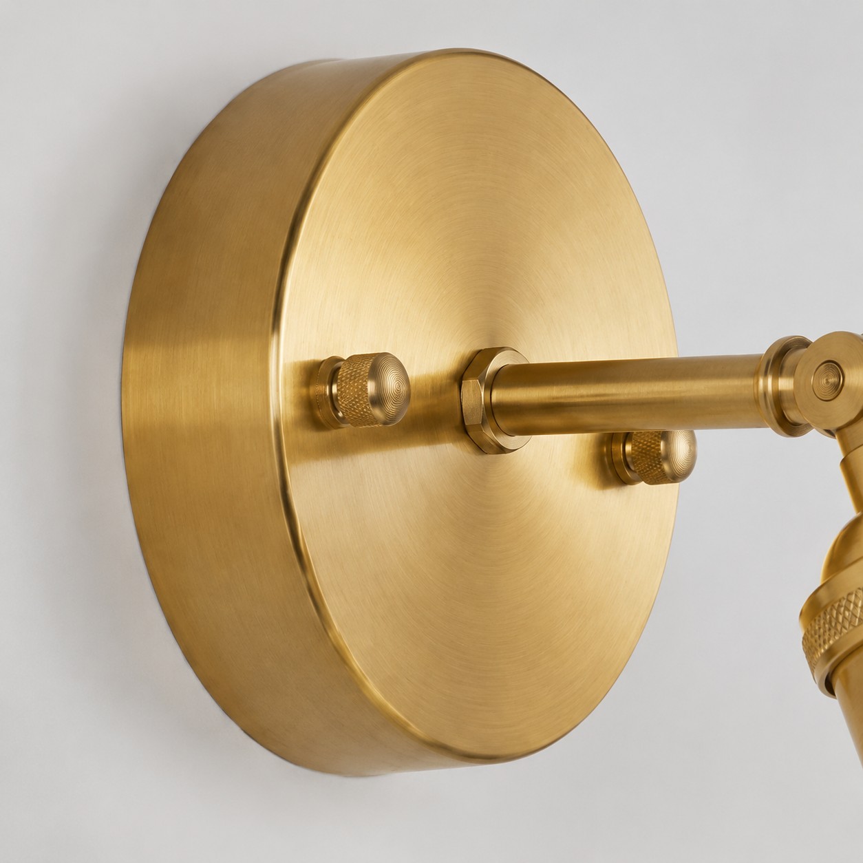 Close view of brushed brass round wall backplate and mounting screws