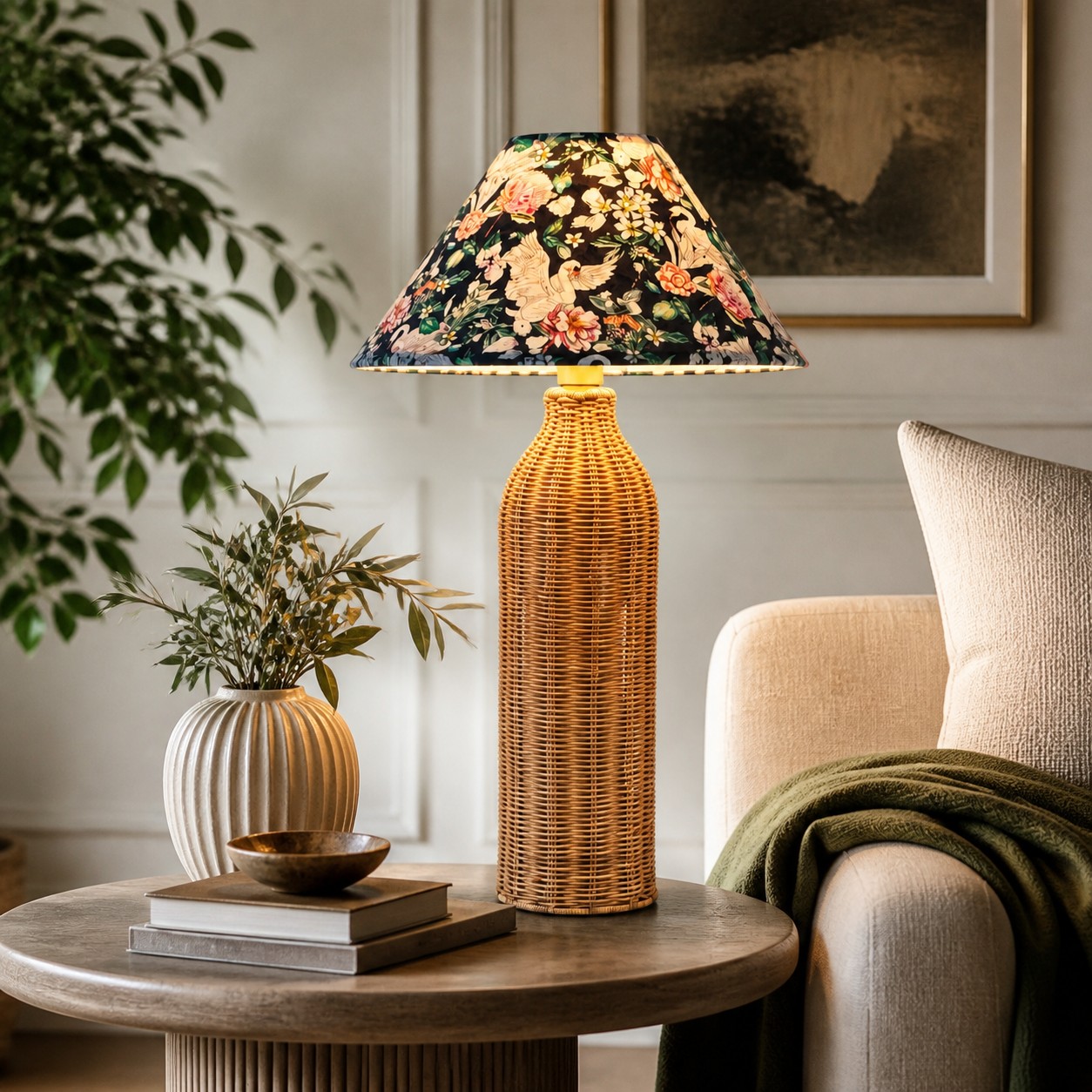 Woven rattan table lamp on a living room side table